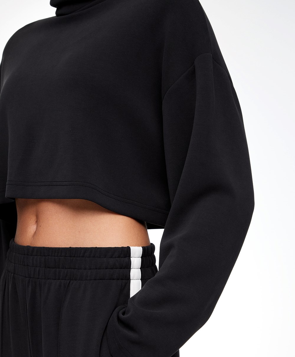 Oysho Modal Roll-neck Crop Sweatshirt Svarte | GCFM38719