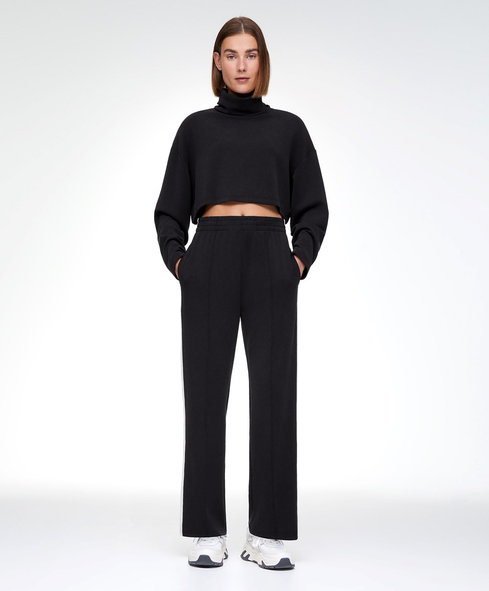 Oysho Modal Roll-neck Crop Sweatshirt Svarte | GCFM38719