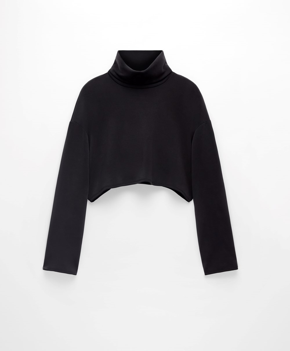 Oysho Modal Roll-neck Crop Sweatshirt Svarte | GCFM38719