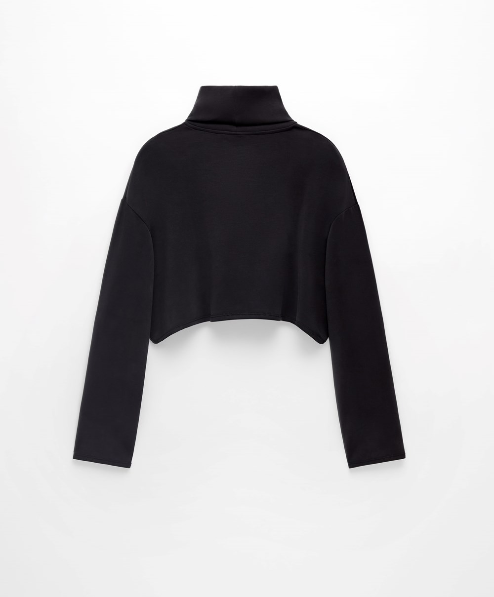 Oysho Modal Roll-neck Crop Sweatshirt Svarte | GCFM38719