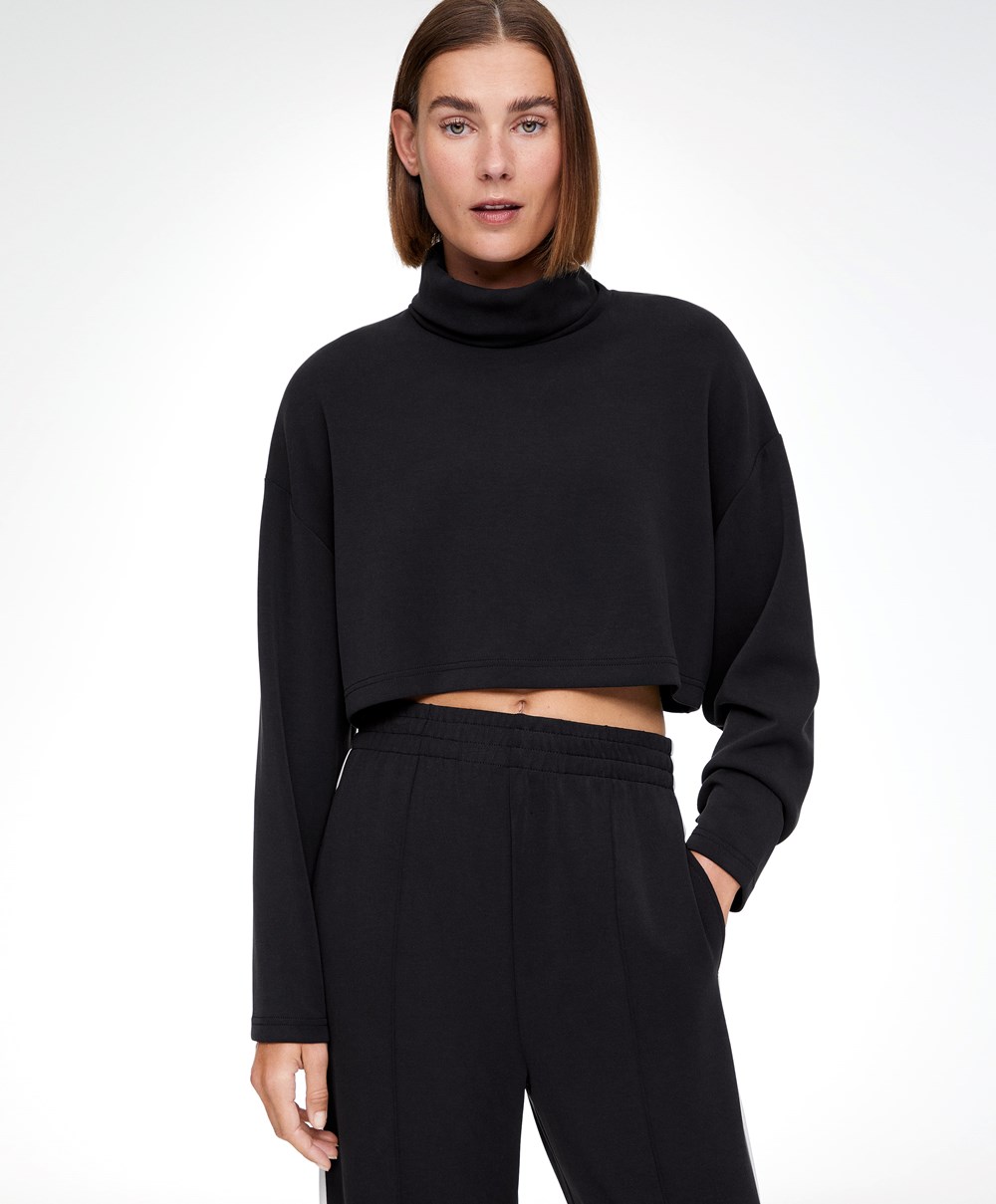 Oysho Modal Roll-neck Crop Sweatshirt Svarte | GCFM38719