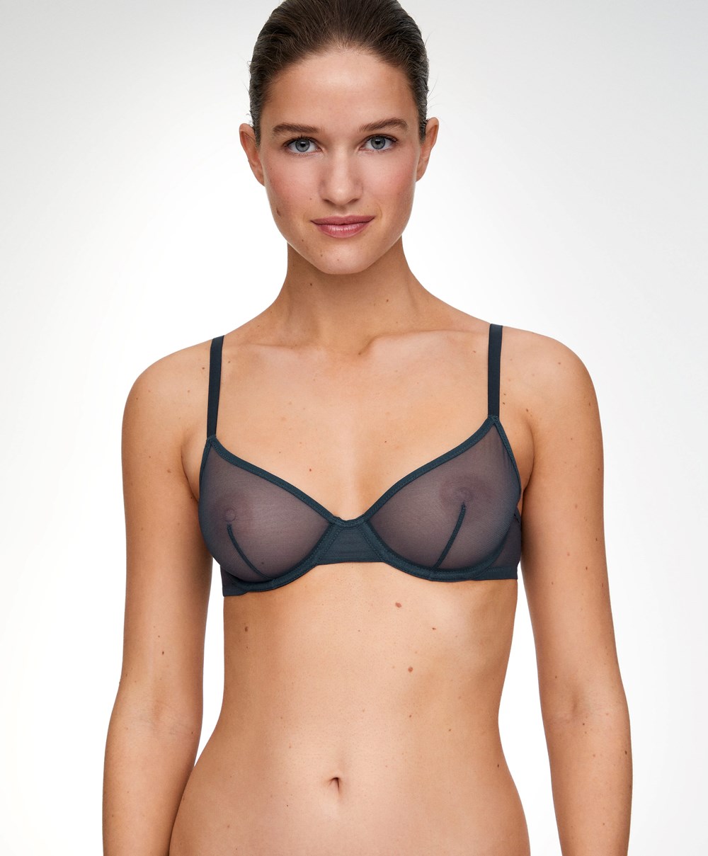 Oysho Non-padded Underwired Classic Bra In Tulle Blue-grey | DHIR89643