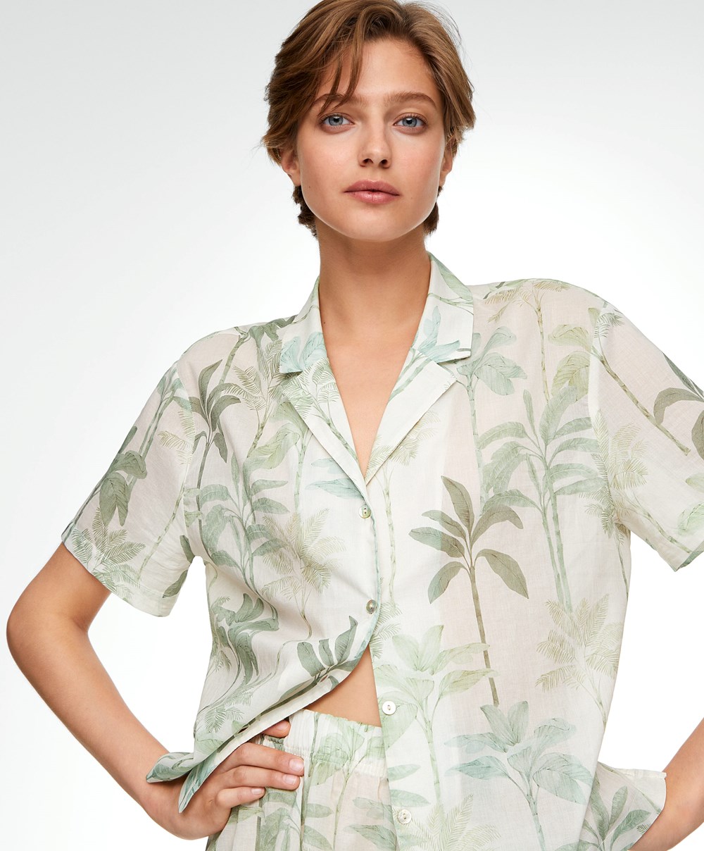 Oysho Palm Tree 100% Bomull Kort-sleeved Shirt Grass | AFIC14379