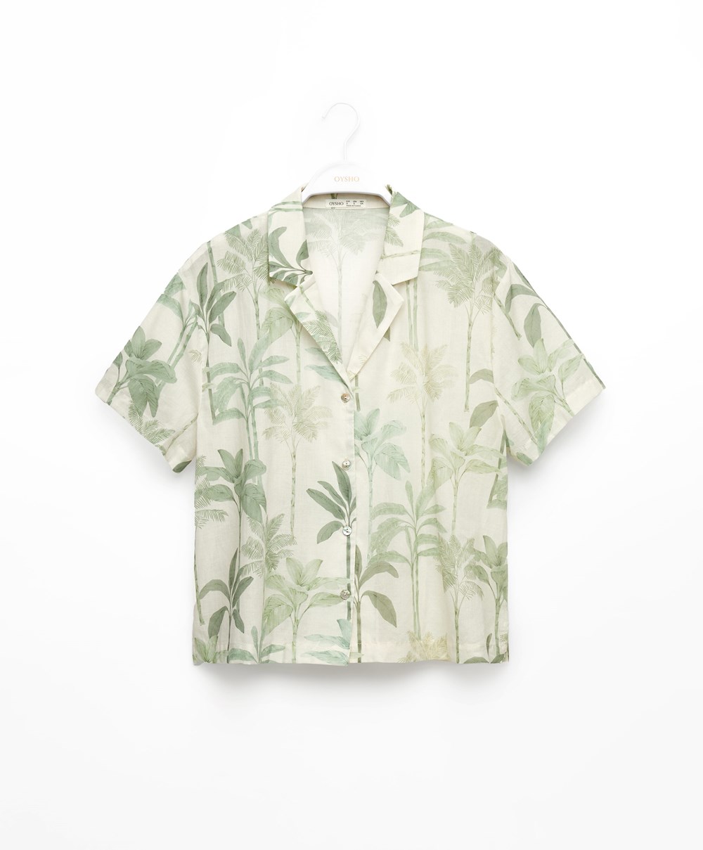 Oysho Palm Tree 100% Bomull Kort-sleeved Shirt Grass | AFIC14379