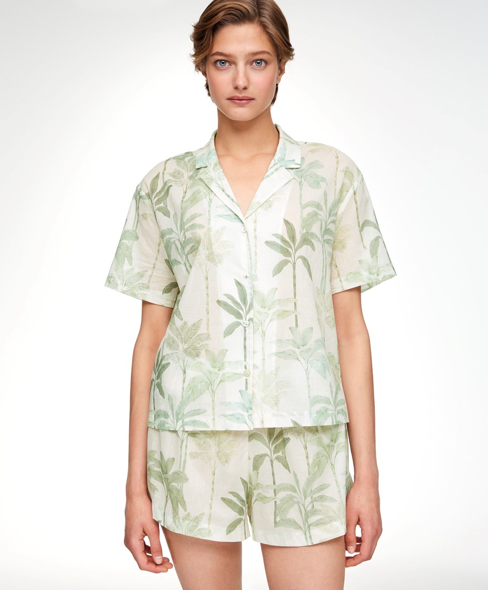 Oysho Palm Tree 100% Bomull Kort-sleeved Shirt Grass | AFIC14379