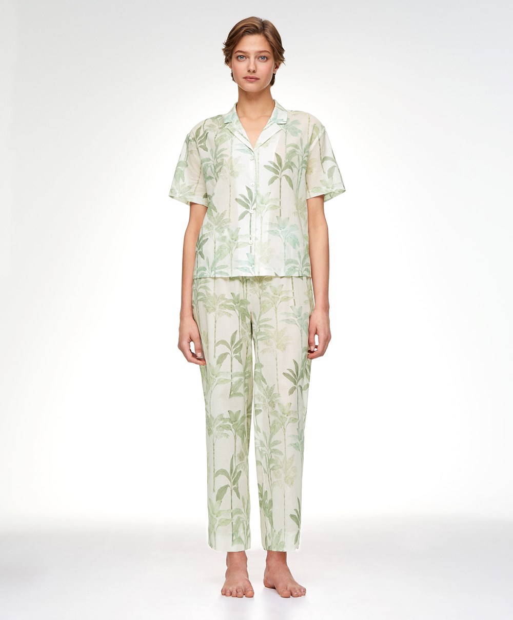 Oysho Palm Tree 100% Bomull Trousers Grass | FGYU03498