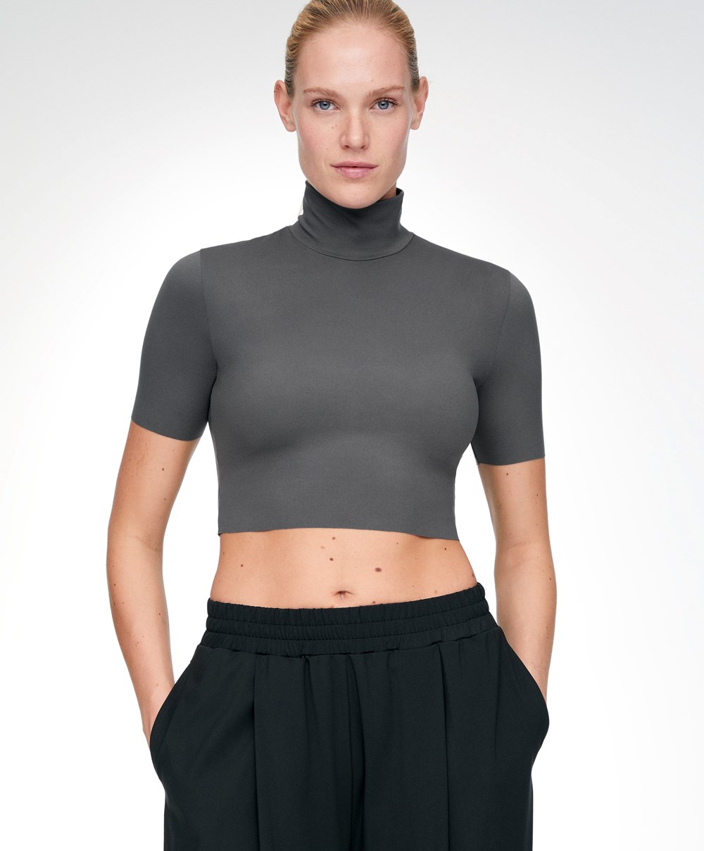 Oysho Perfect-adapt Crop Top With Raised Neck Mørke Grå | YXPW14205