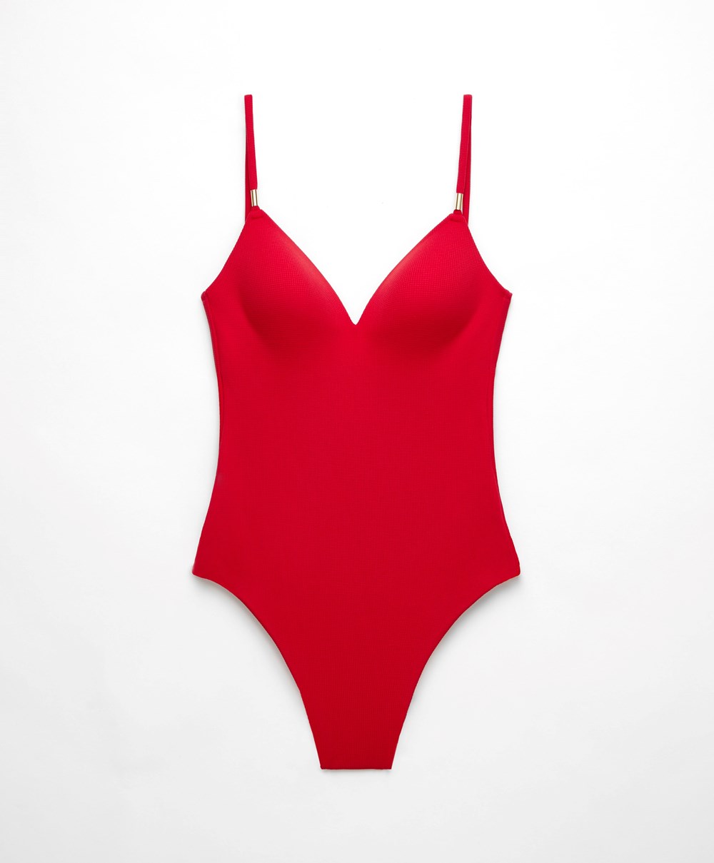 Oysho Piqué Triangle Swimsuit Rød | FNKZ27530