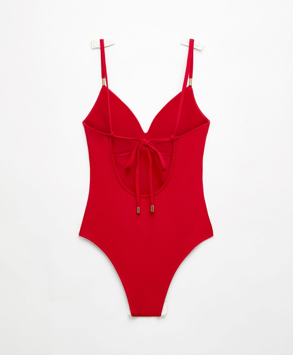 Oysho Piqué Triangle Swimsuit Rød | FNKZ27530