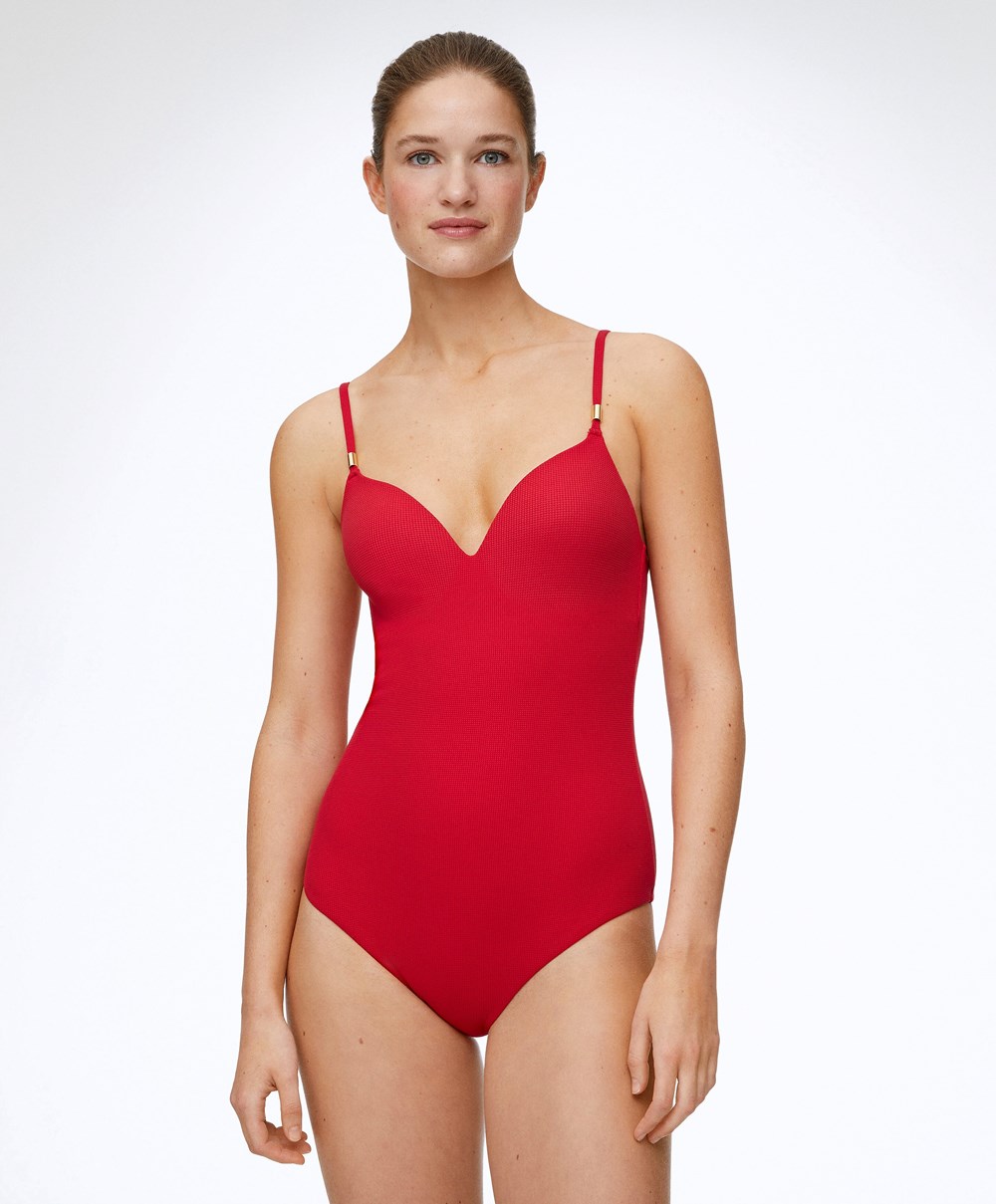 Oysho Piqué Triangle Swimsuit Rød | IKSD17426