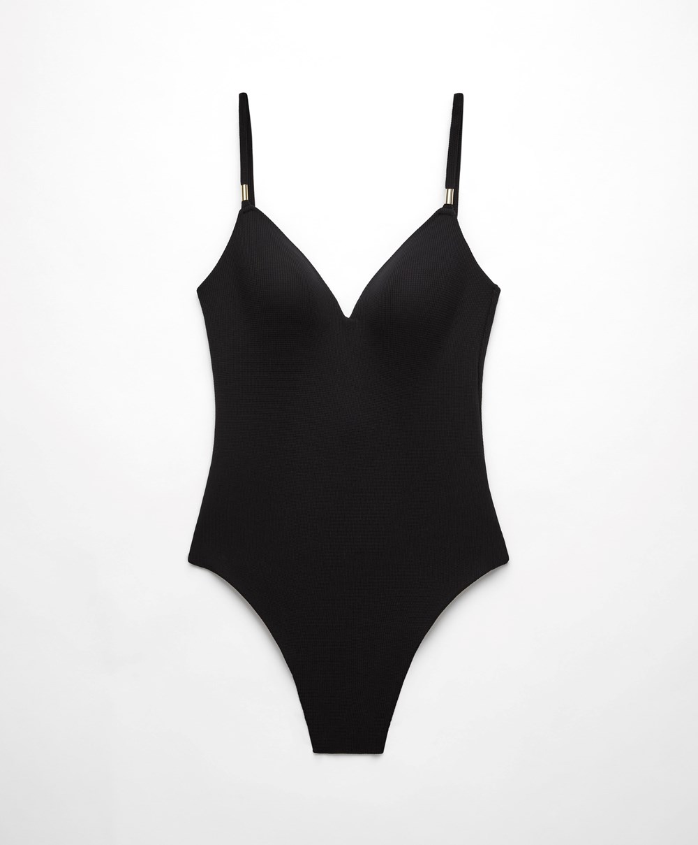 Oysho Piqué Triangle Swimsuit Svarte | INFR38056