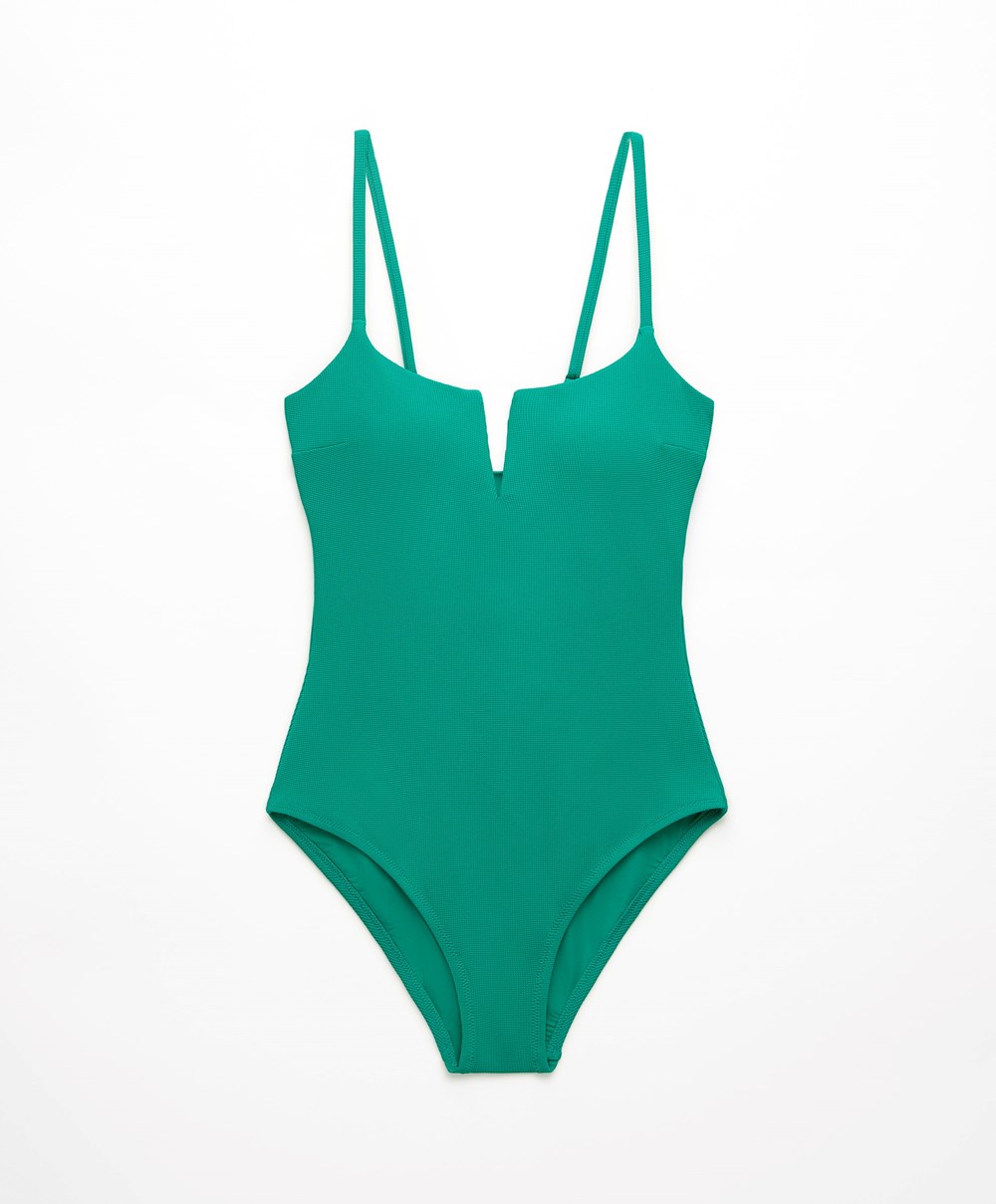 Oysho Piqué V-neck Swimsuit Lyse Turkis | TVZQ81209