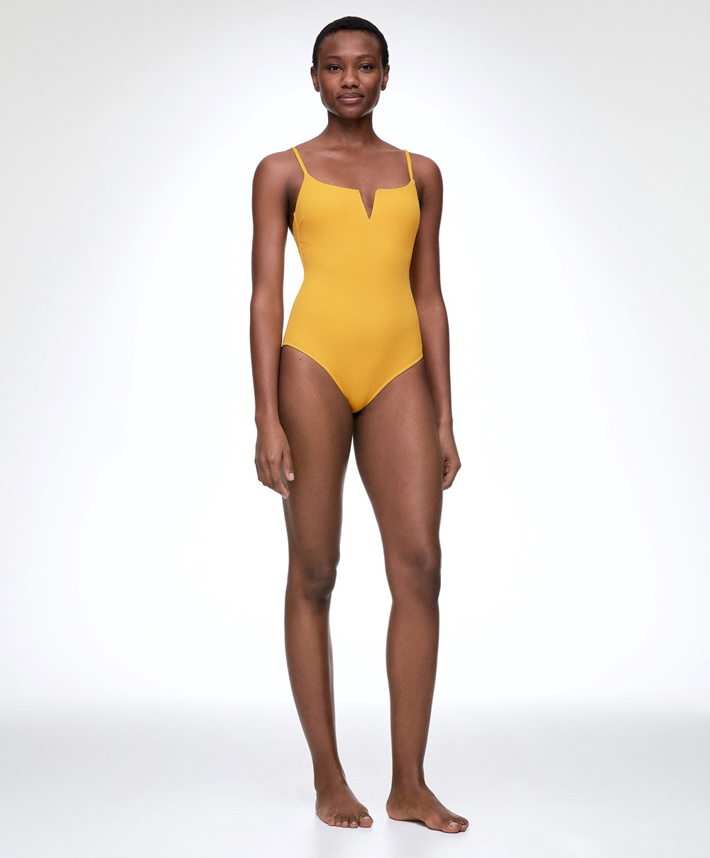 Oysho Piqué V-neck Swimsuit Mid-yellow | JSVY14358