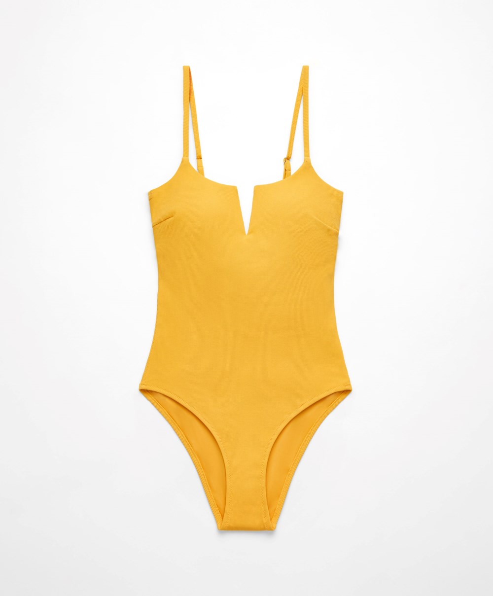 Oysho Piqué V-neck Swimsuit Mid-yellow | JSVY14358