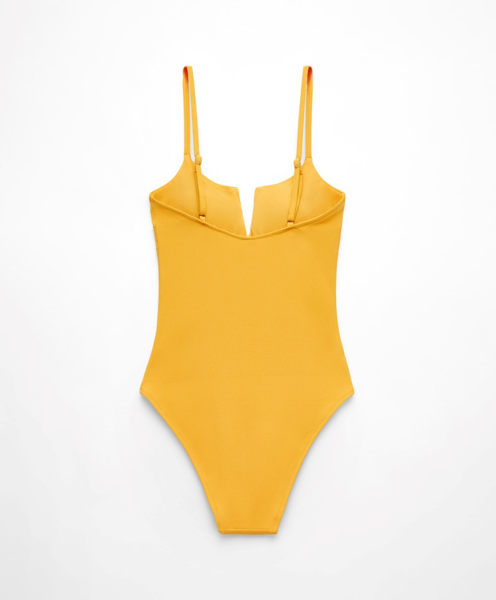 Oysho Piqué V-neck Swimsuit Mid-yellow | JSVY14358