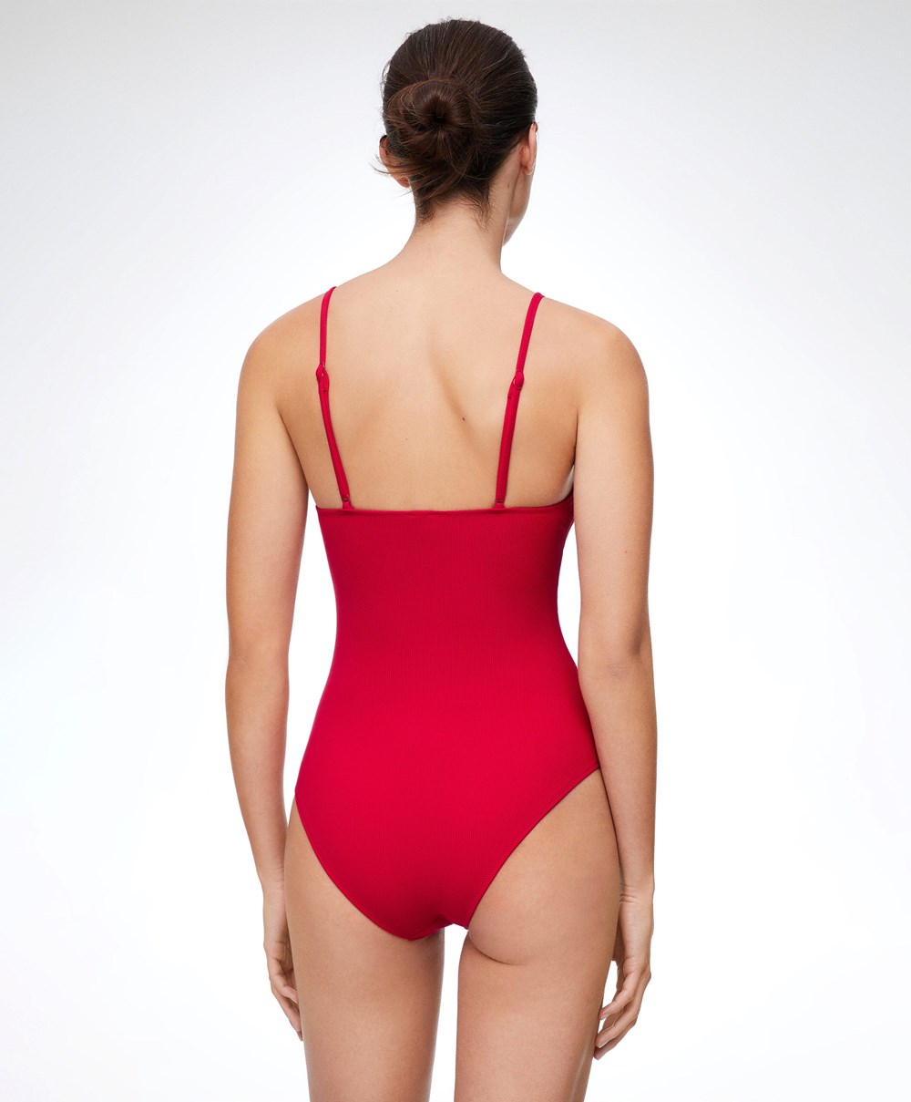 Oysho Piqué V-neck Swimsuit Rød | MRYJ86031