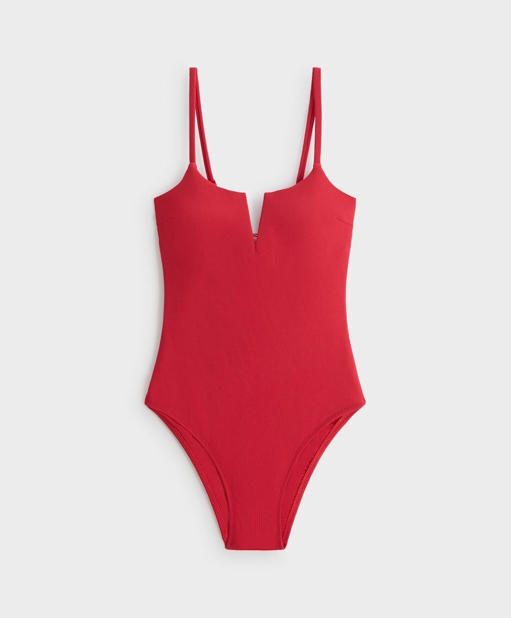 Oysho Piqué V-neck Swimsuit Rød | MRYJ86031