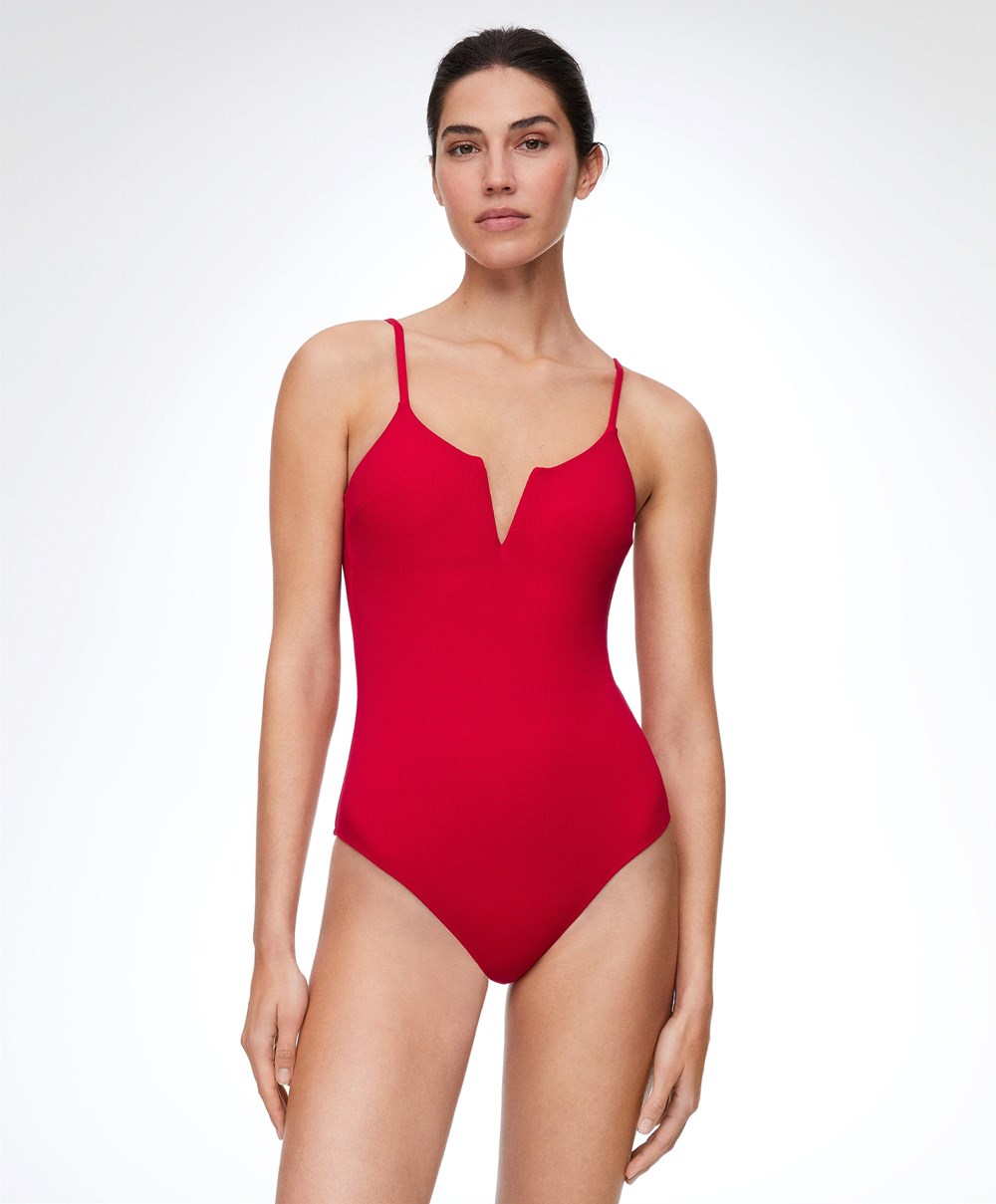 Oysho Piqué V-neck Swimsuit Rød | PFVM93416