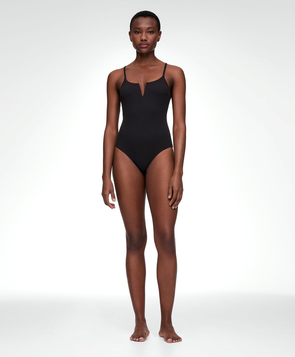 Oysho Piqué V-neck Swimsuit Svarte | CFBE85964