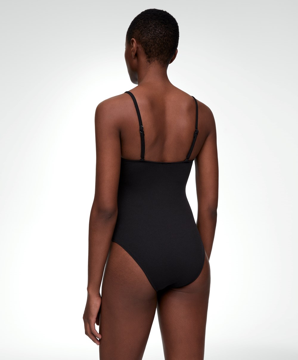 Oysho Piqué V-neck Swimsuit Svarte | CFBE85964