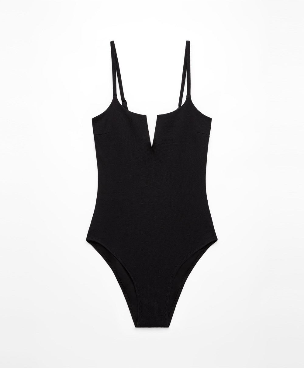 Oysho Piqué V-neck Swimsuit Svarte | CFBE85964