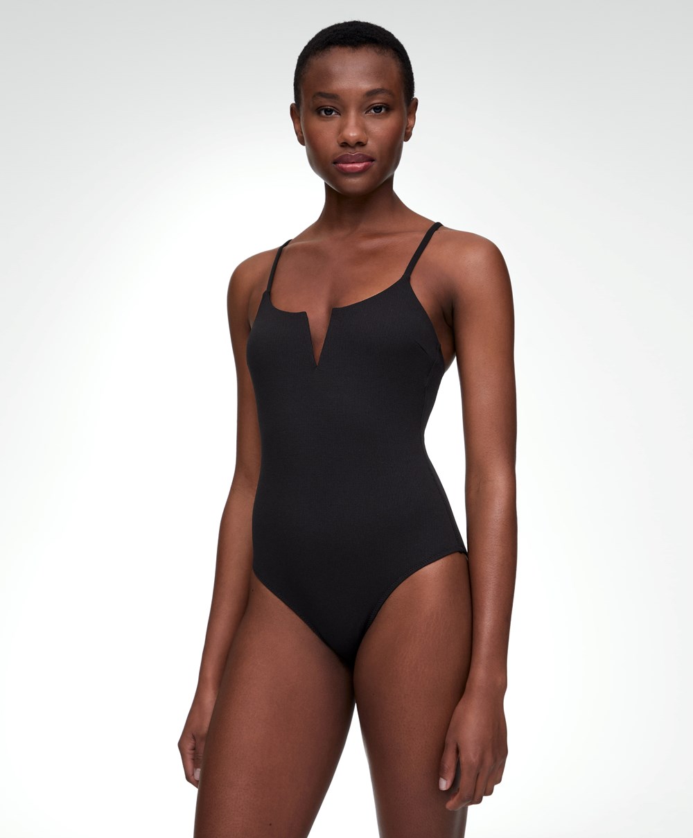 Oysho Piqué V-neck Swimsuit Svarte | OAQR38960