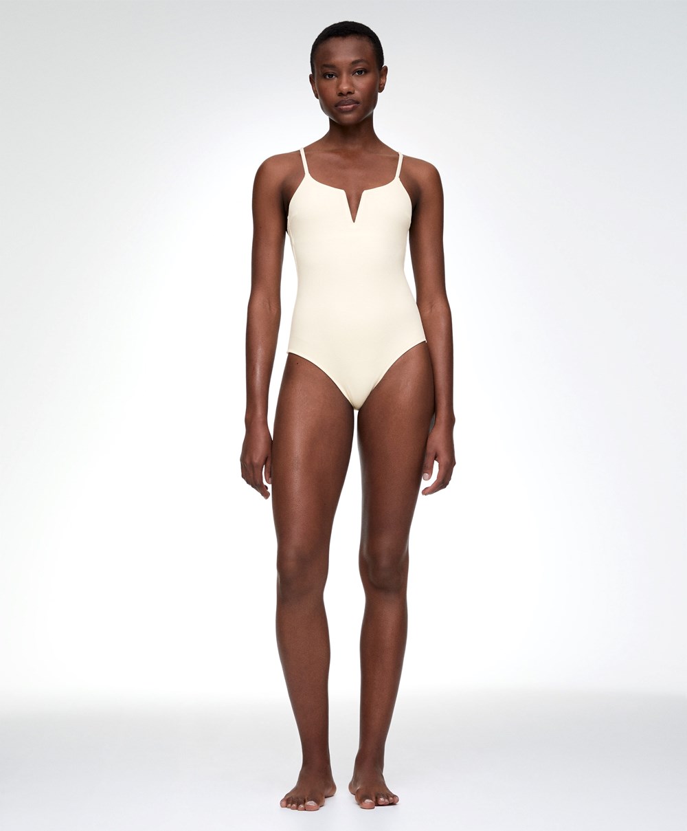 Oysho Piqué V-neck Swimsuit Vanilla | DCBR07415