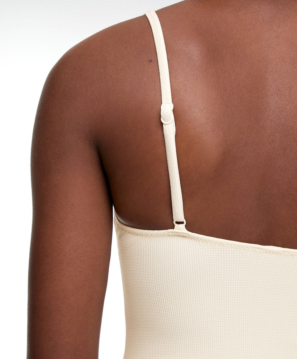 Oysho Piqué V-neck Swimsuit Vanilla | DCBR07415