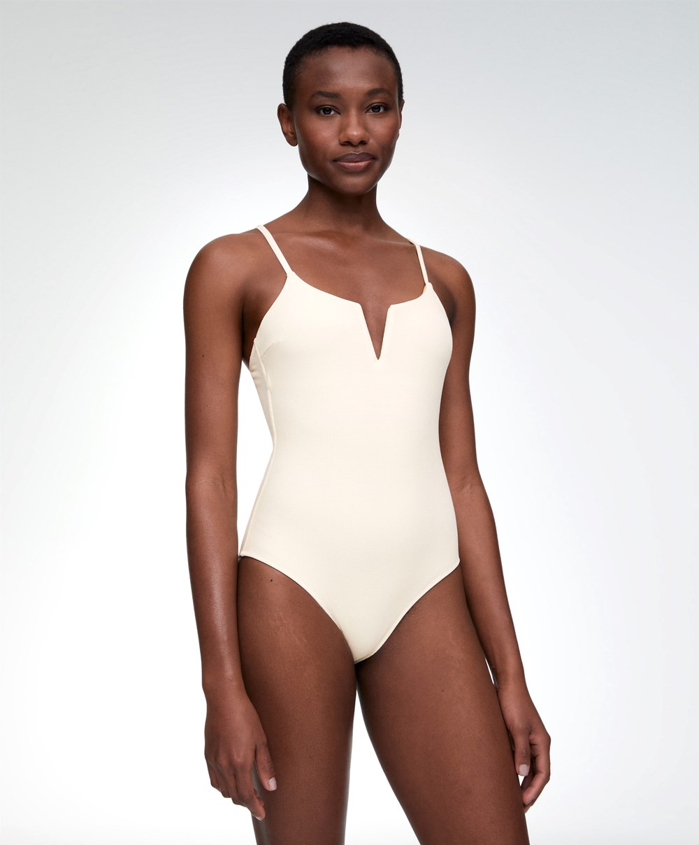 Oysho Piqué V-neck Swimsuit Vanilla | DCBR07415