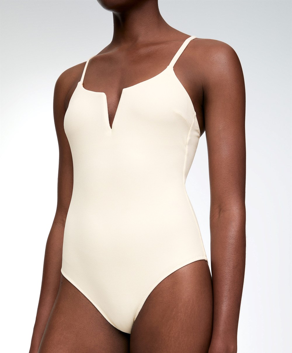 Oysho Piqué V-neck Swimsuit Vanilla | DCBR07415