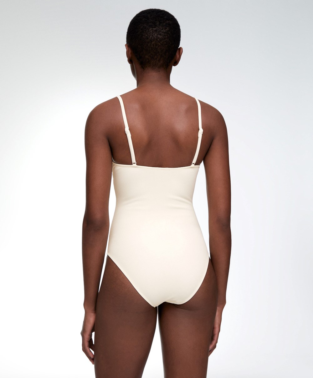 Oysho Piqué V-neck Swimsuit Vanilla | VUAL74039