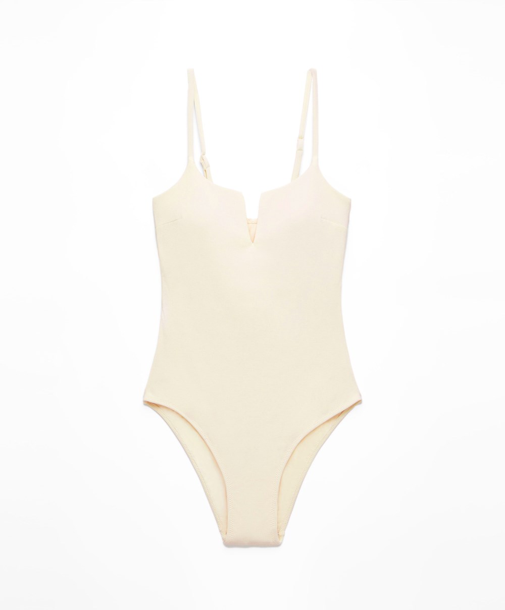 Oysho Piqué V-neck Swimsuit Vanilla | VUAL74039