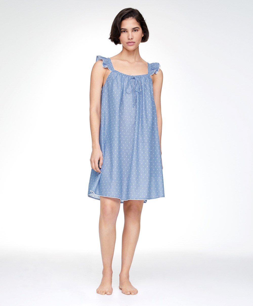 Oysho Plumeti Kort Nightdress Blå | OCYJ43512