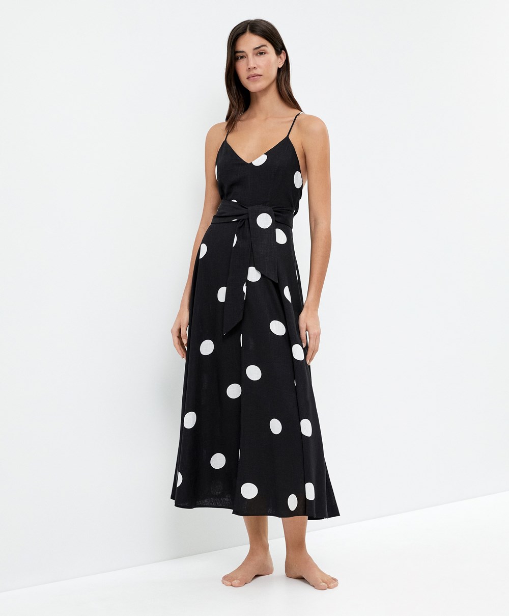 Oysho Polka Dot Strappy Midi Kjoler Svarte | CYJT71482