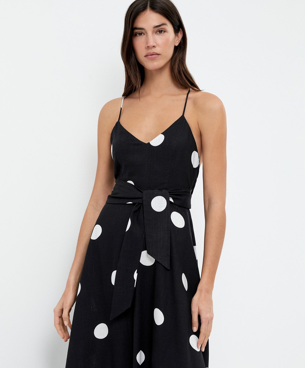 Oysho Polka Dot Strappy Midi Kjoler Svarte | CYJT71482