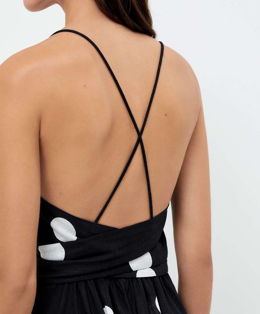 Oysho Polka Dot Strappy Midi Kjoler Svarte | CYJT71482