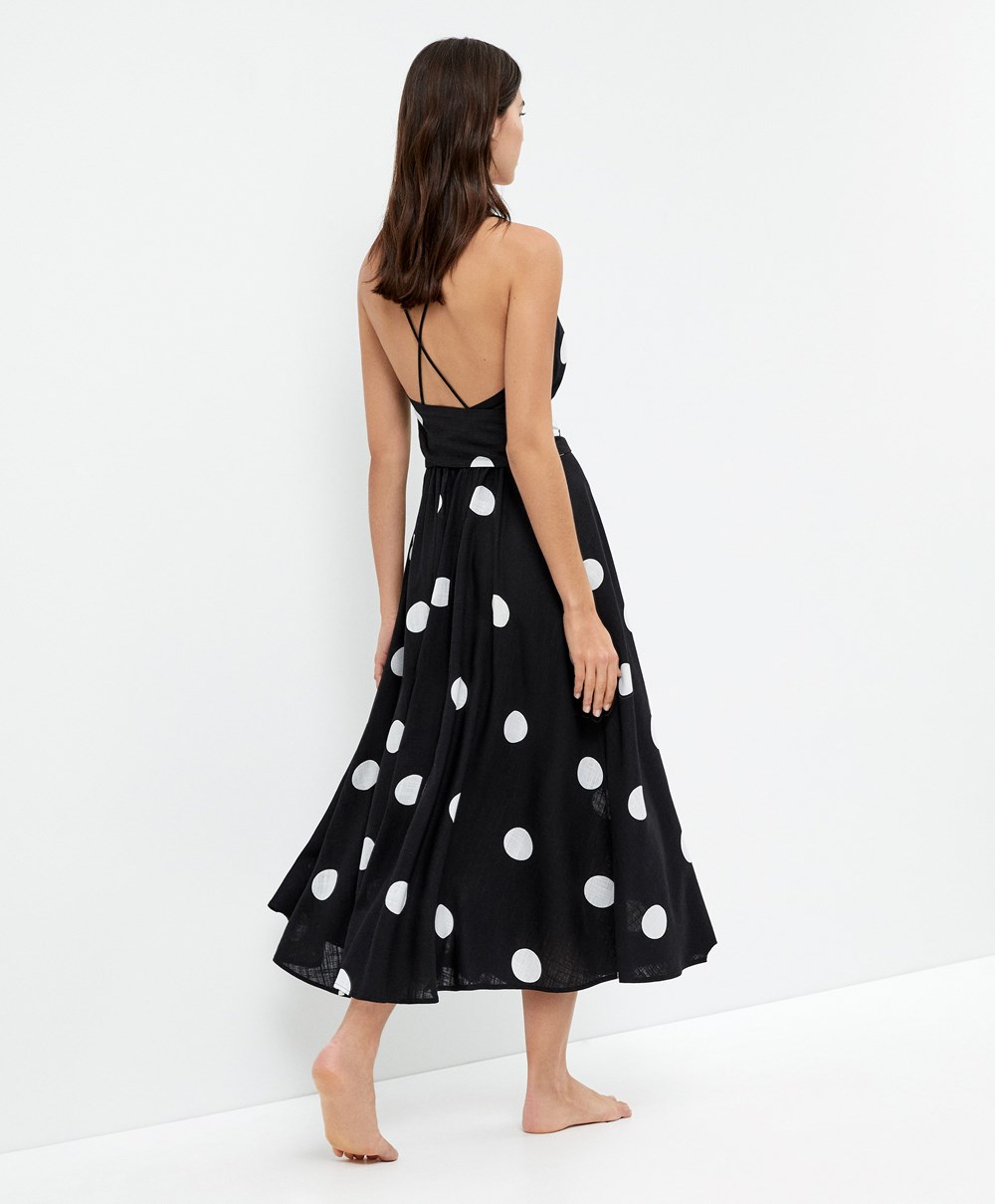 Oysho Polka Dot Strappy Midi Kjoler Svarte | CYJT71482