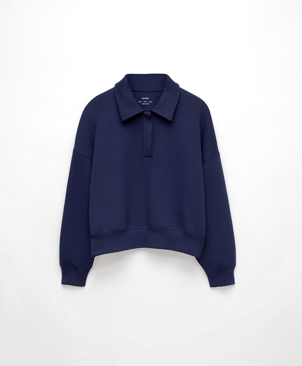 Oysho Polo Collar Crop Sweatshirt Marineblå Blå | KGNA24356