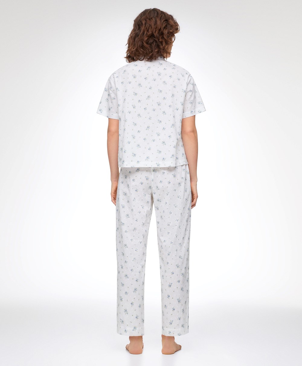 Oysho Print 100% Bomull Plumeti Kort-sleeved Shirt Blå | WYEV57964