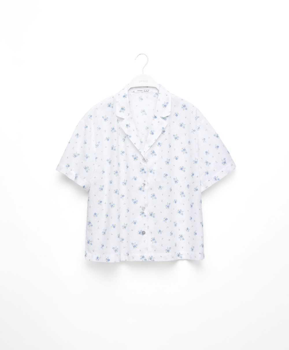 Oysho Print 100% Bomull Plumeti Kort-sleeved Shirt Blå | WYEV57964