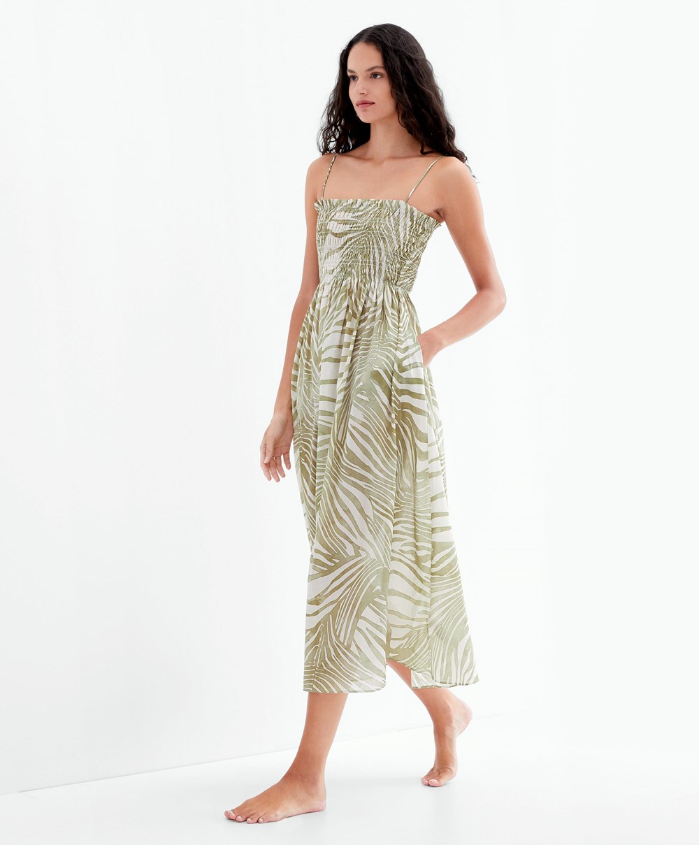 Oysho Printed 100% Bomull Strappy Midi Kjoler Khaki | RZAH40295