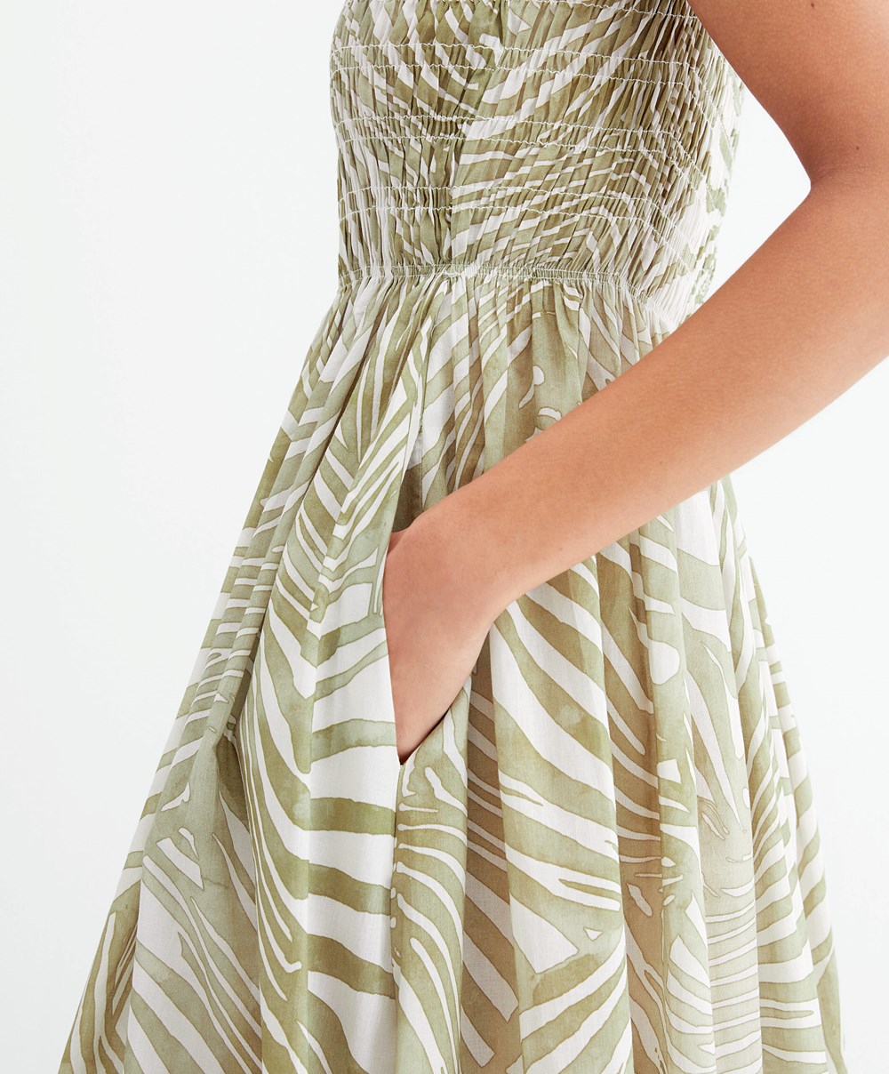 Oysho Printed 100% Bomull Strappy Midi Kjoler Khaki | RZAH40295