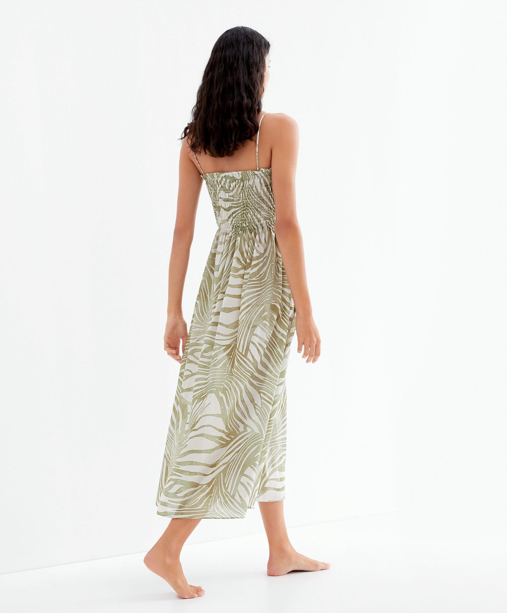 Oysho Printed 100% Bomull Strappy Midi Kjoler Khaki | RZAH40295