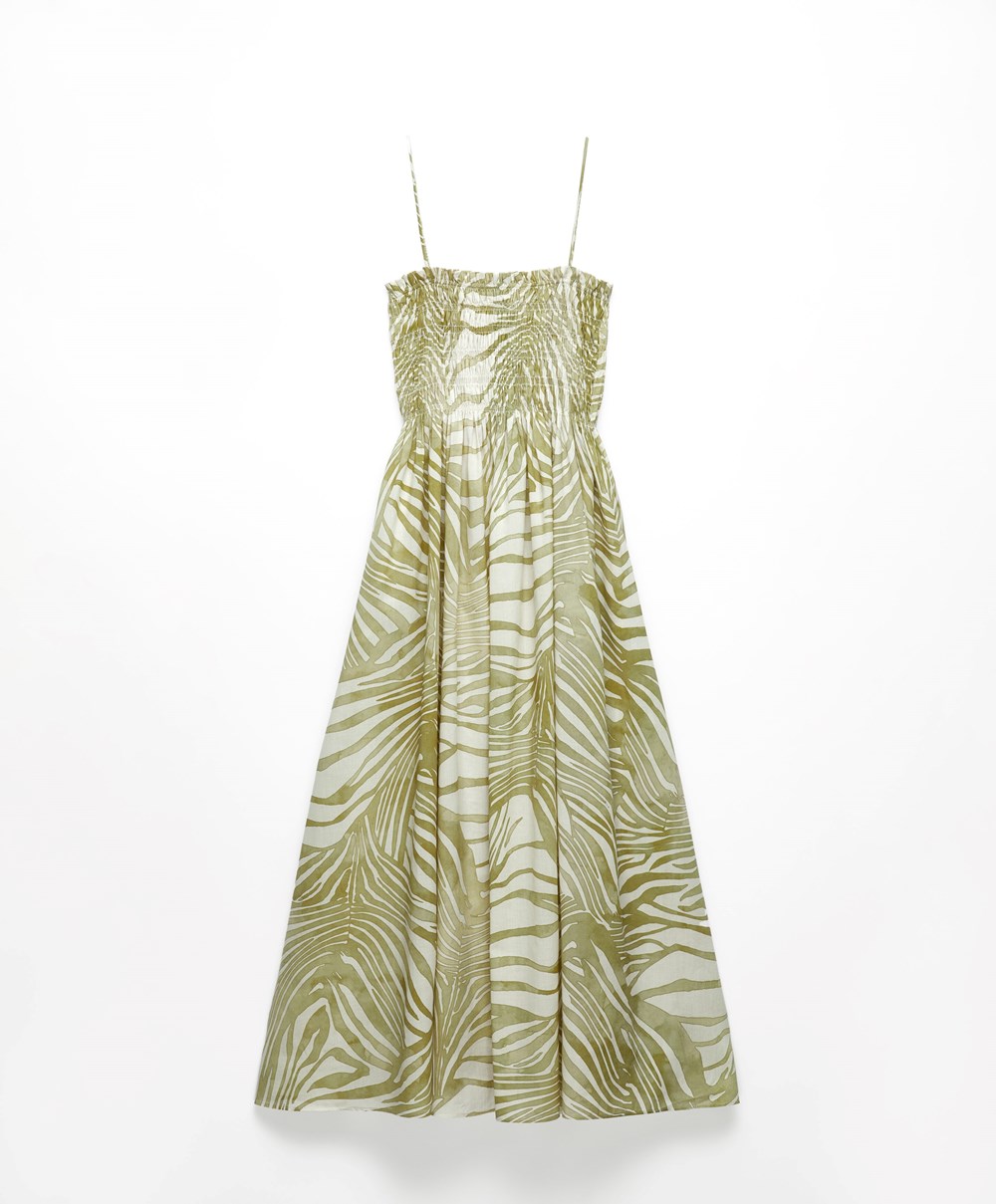 Oysho Printed 100% Bomull Strappy Midi Kjoler Khaki | RZAH40295