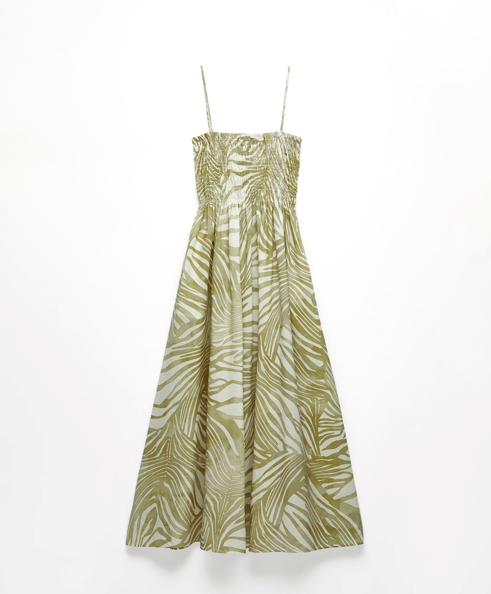 Oysho Printed 100% Bomull Strappy Midi Kjoler Khaki | RZAH40295