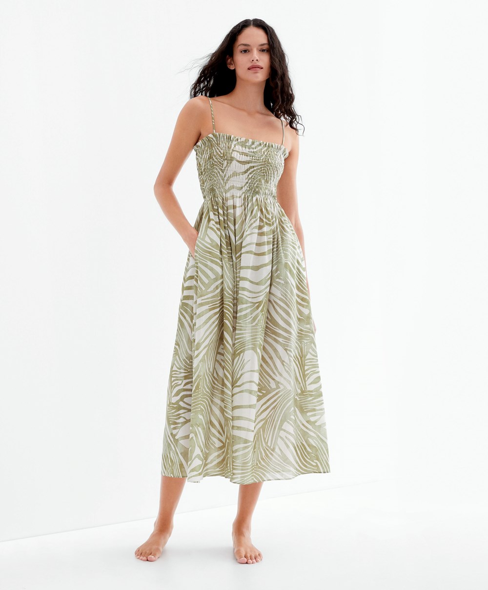 Oysho Printed 100% Bomull Strappy Midi Kjoler Khaki | UNJW64517