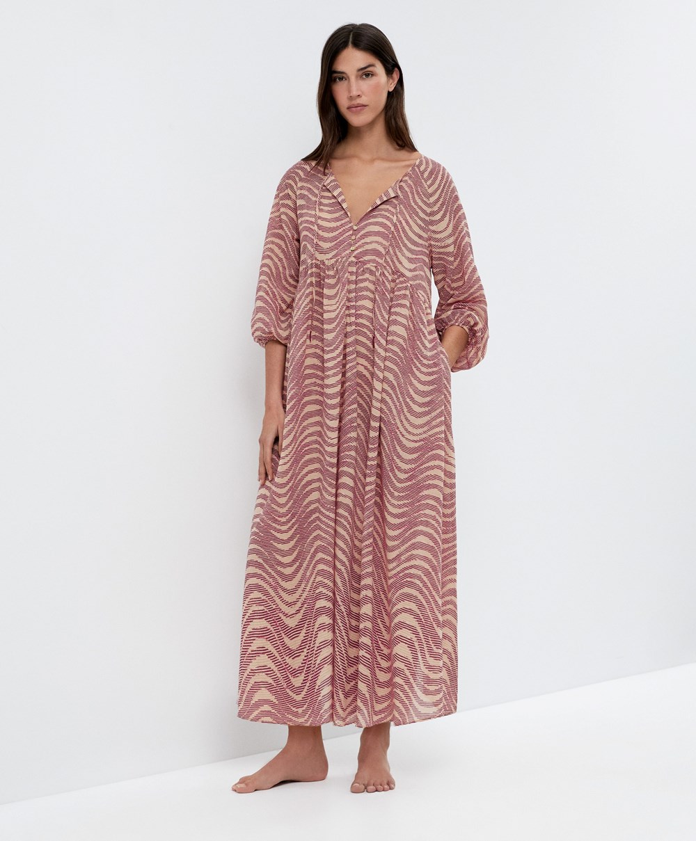 Oysho Printed 100% Bomull Tunic Kjoler Burgunder | FGWJ68957