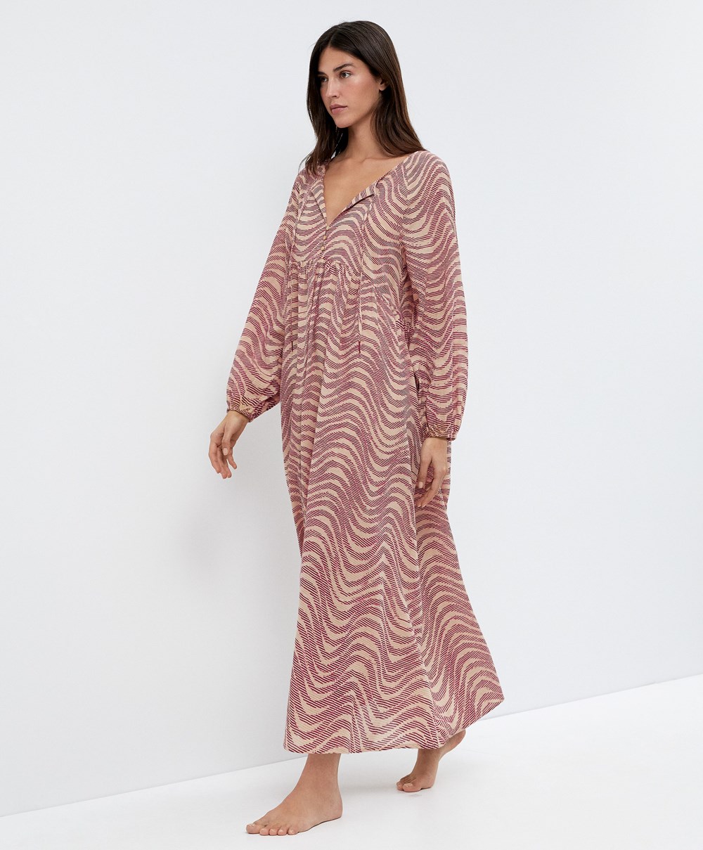 Oysho Printed 100% Bomull Tunic Kjoler Burgunder | WNEF46502