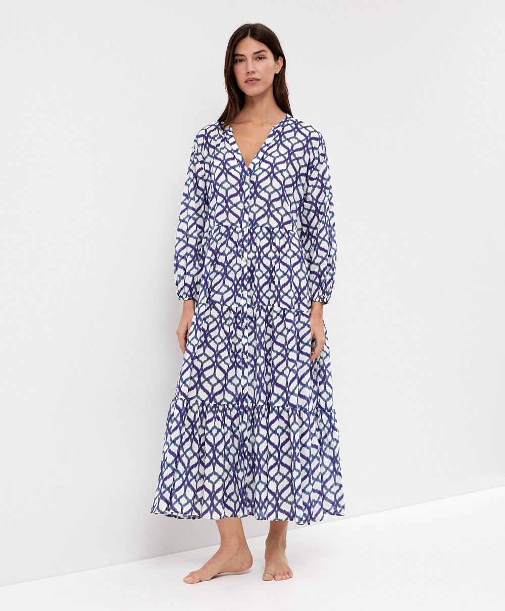 Oysho Printed 100% Bomull Tunic Kjoler Ecru | NCDK25480