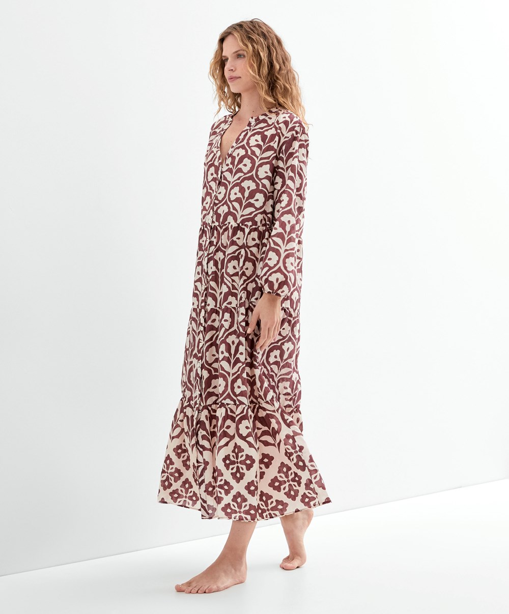 Oysho Printed 100% Bomull Tunic Kjoler Sjokolade | UGRE42109